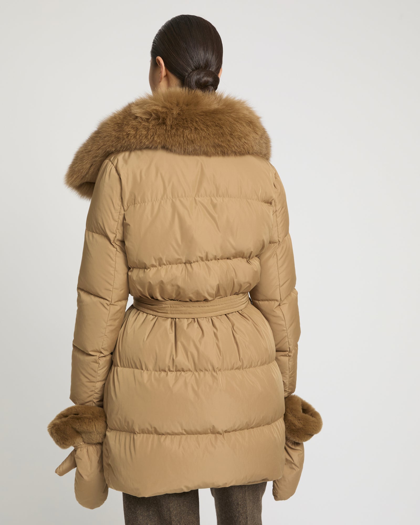 Long belted down jacket in technical fabric with detachable fox fur collar -Yves Salomon