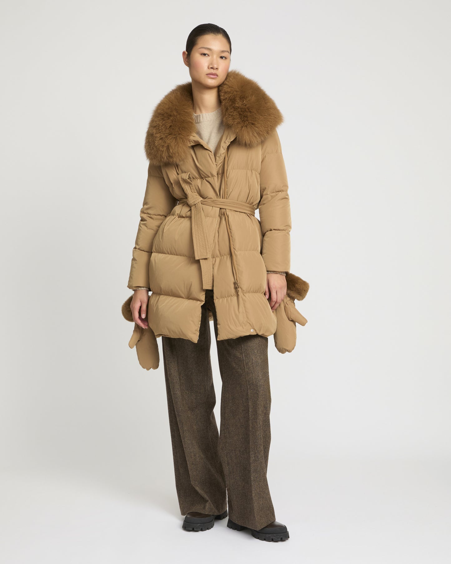 Long belted down jacket in technical fabric with detachable fox fur collar -Yves Salomon