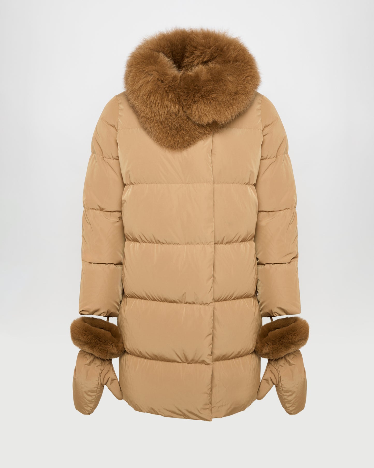 Long belted down jacket in technical fabric with detachable fox fur collar -Yves Salomon