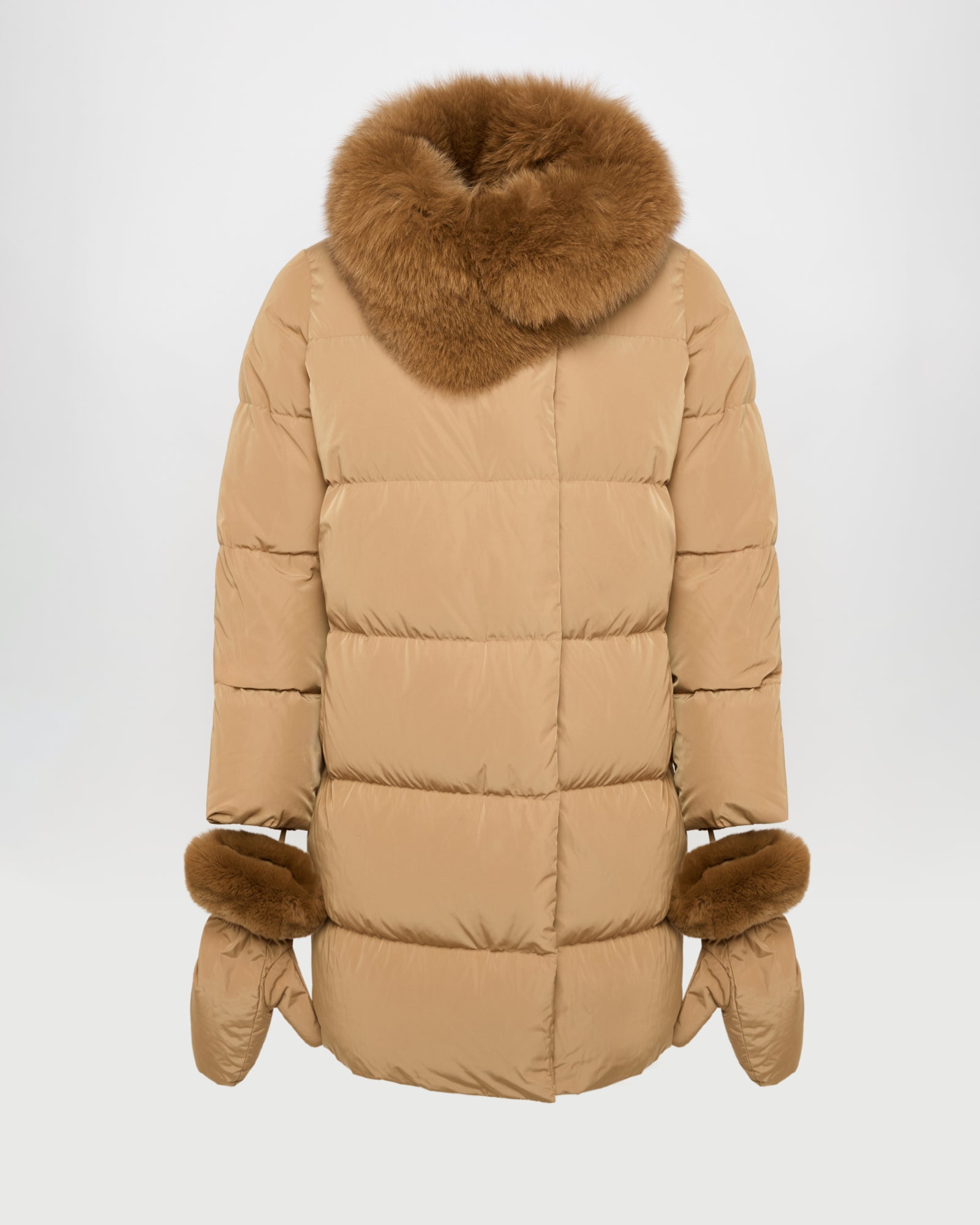 Long belted down jacket in technical fabric with detachable fox fur collar -Yves Salomon