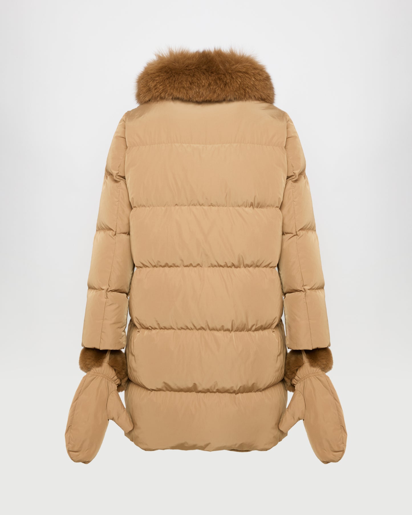 Long belted down jacket in technical fabric with detachable fox fur collar -Yves Salomon