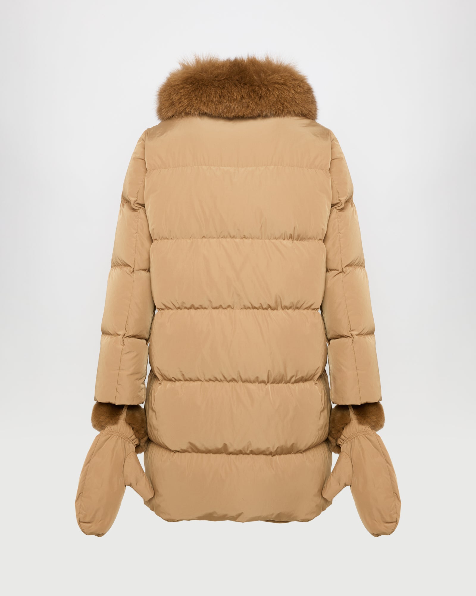 Long belted down jacket in technical fabric with detachable fox fur collar -Yves Salomon