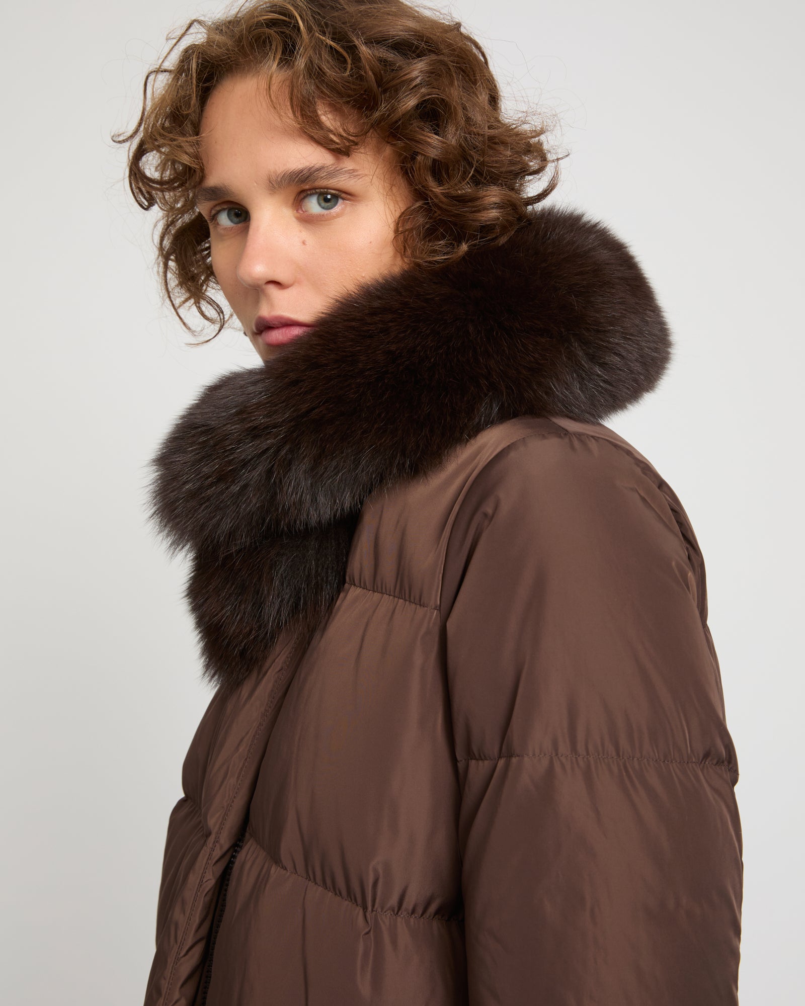 Long belted down jacket in technical fabric with detachable fox fur collar -Yves Salomon