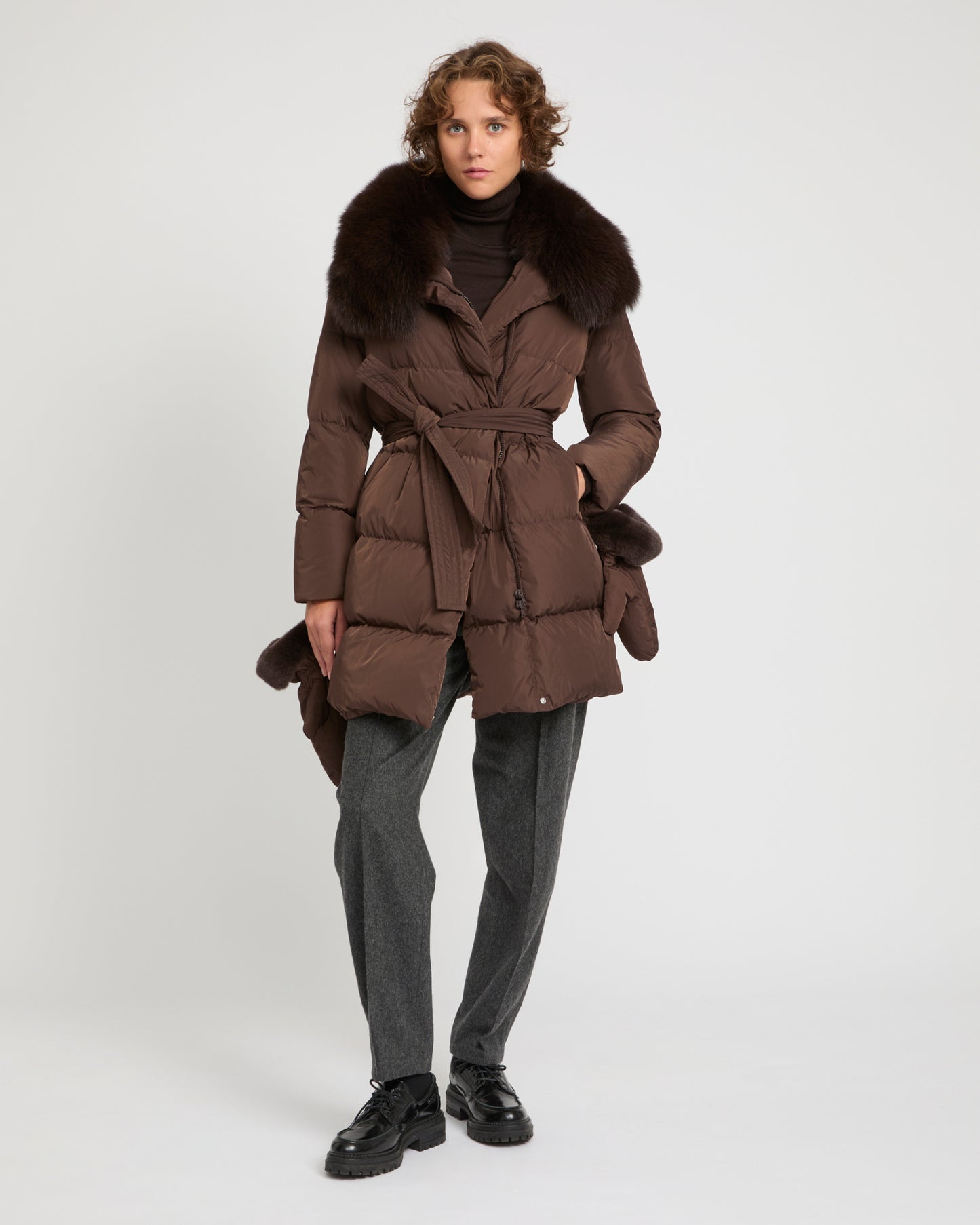 Long belted down jacket in technical fabric with detachable fox fur collar -Yves Salomon