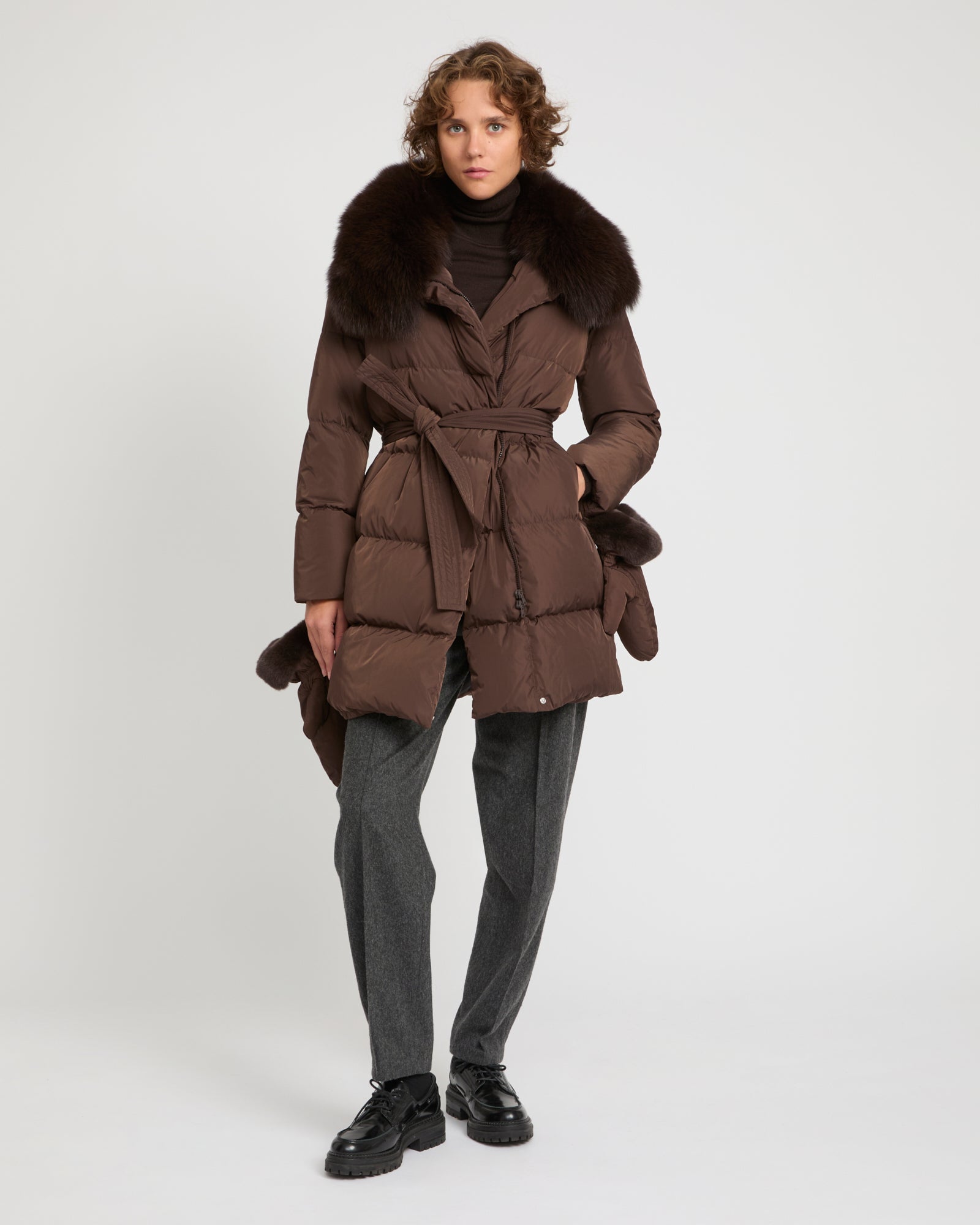 Long belted down jacket in technical fabric with detachable fox fur collar -Yves Salomon