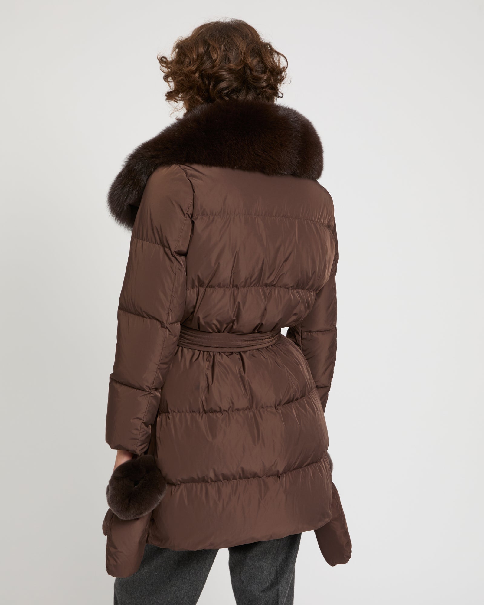 Long belted down jacket in technical fabric with detachable fox fur collar -Yves Salomon