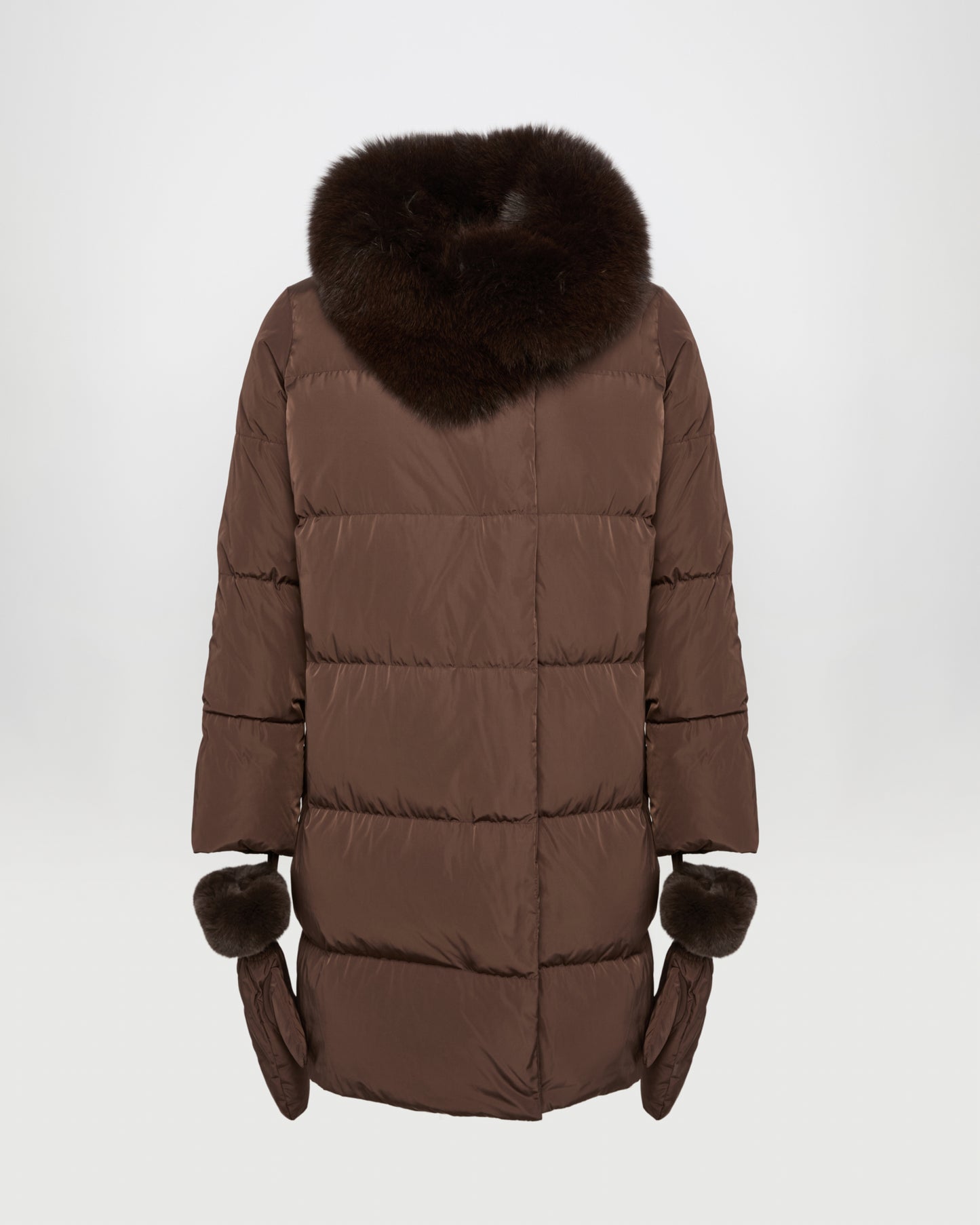 Long belted down jacket in technical fabric with detachable fox fur collar -Yves Salomon