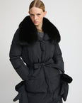 Long belted down jacket in technical fabric with detachable fox fur collar