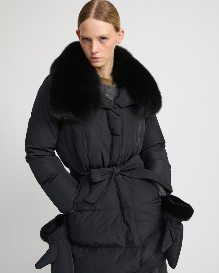 Long belted down jacket in technical fabric with detachable fox fur collar