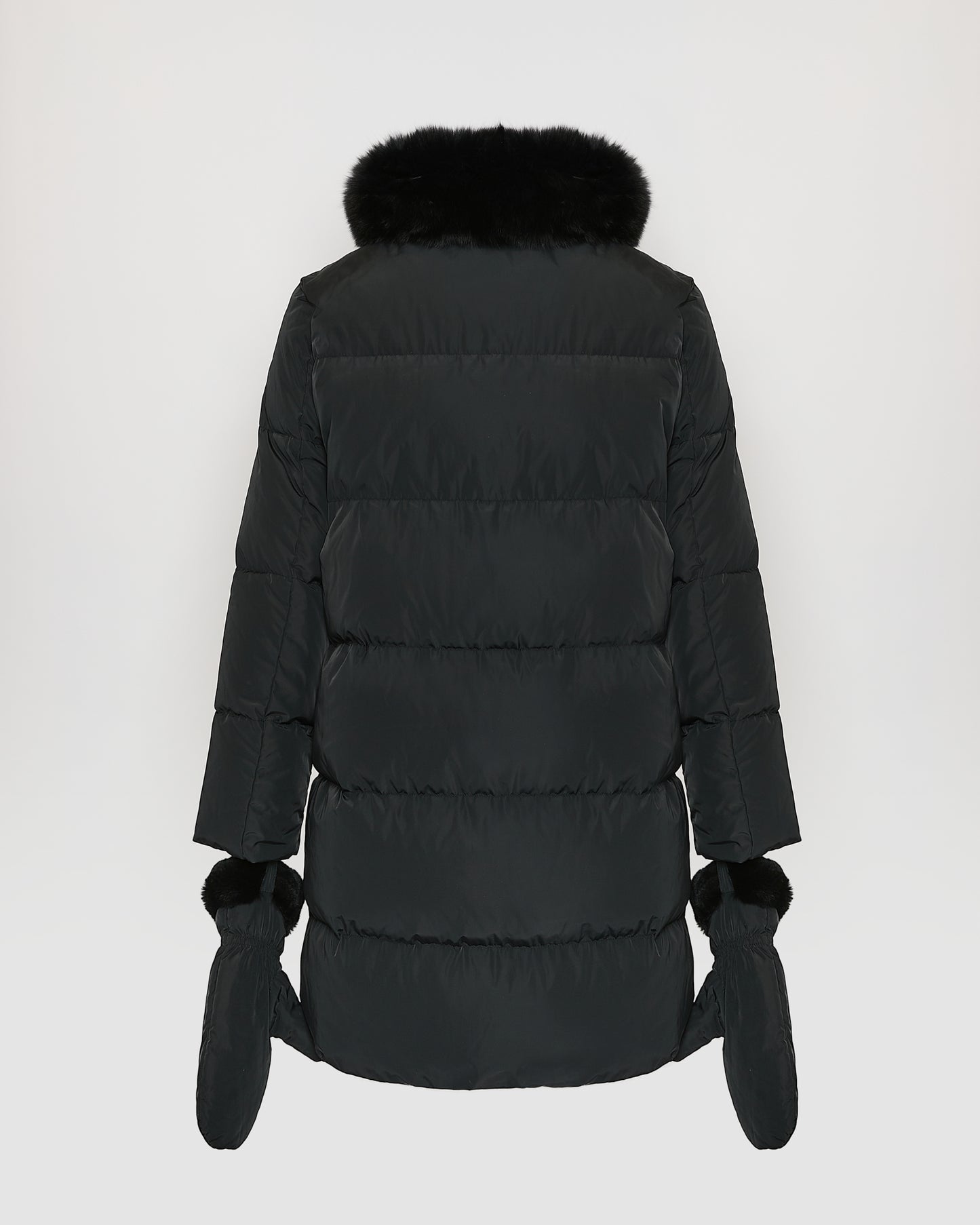 Long belted down jacket in technical fabric with detachable fox fur collar