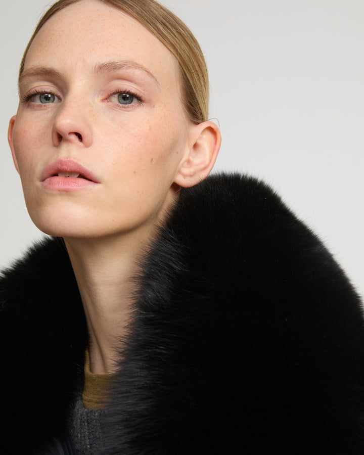 Long belted down jacket in technical fabric with detachable fox fur collar