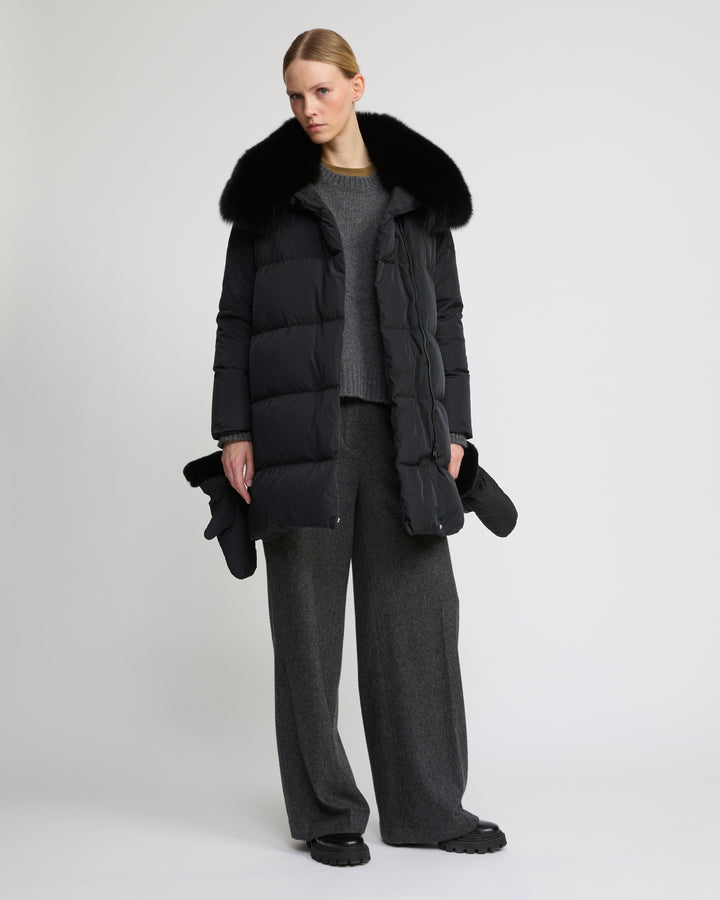 Long belted down jacket in technical fabric with detachable fox fur collar