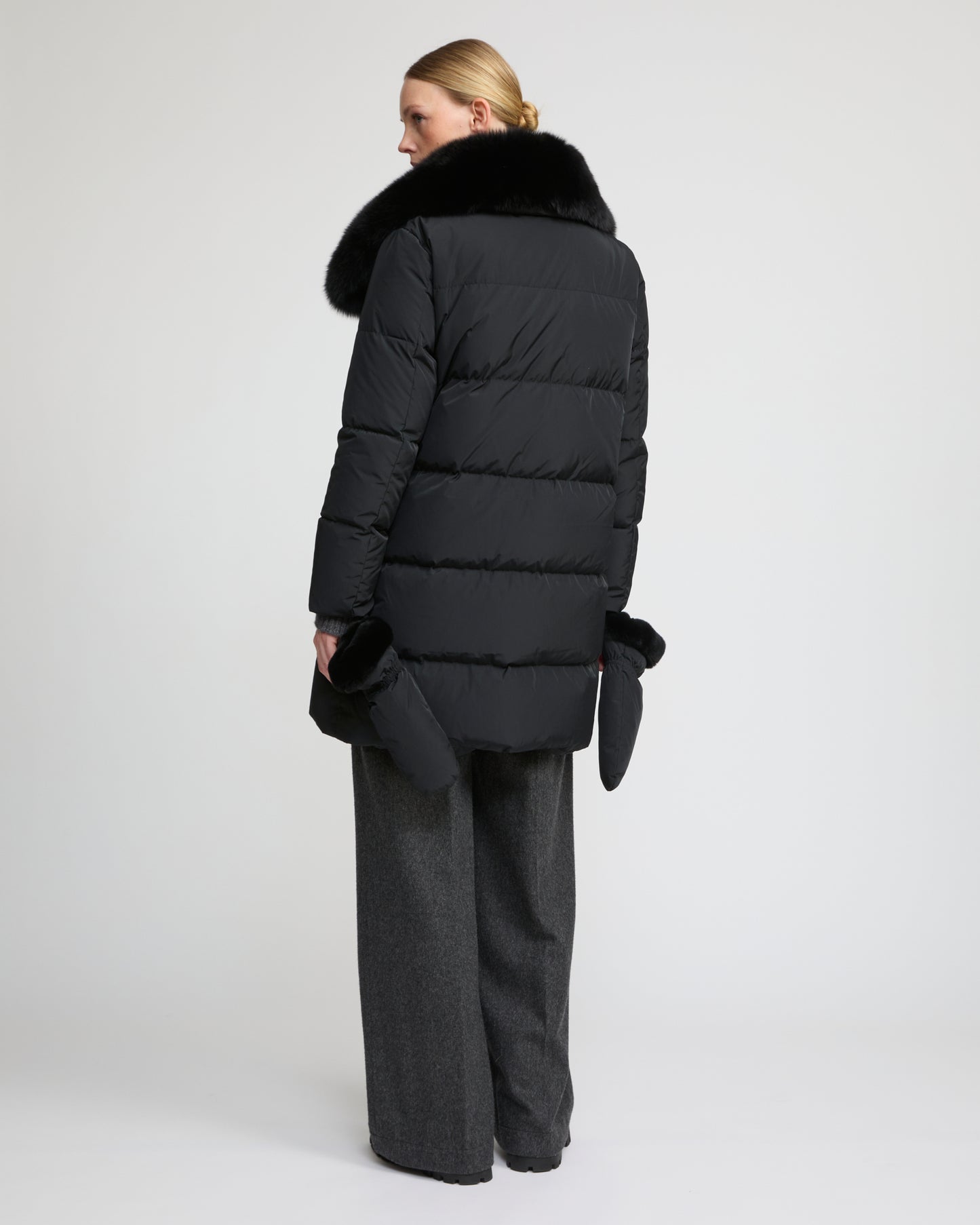 Long belted down jacket in technical fabric with detachable fox fur collar