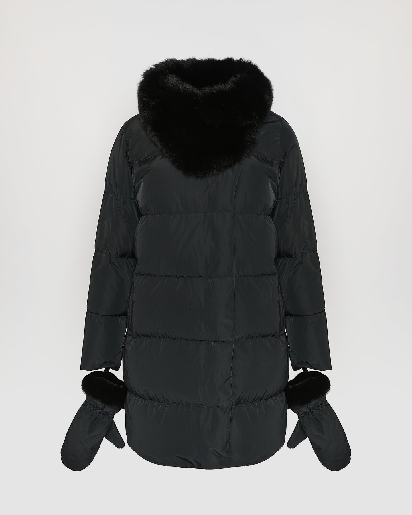 Long belted down jacket in technical fabric with detachable fox fur collar