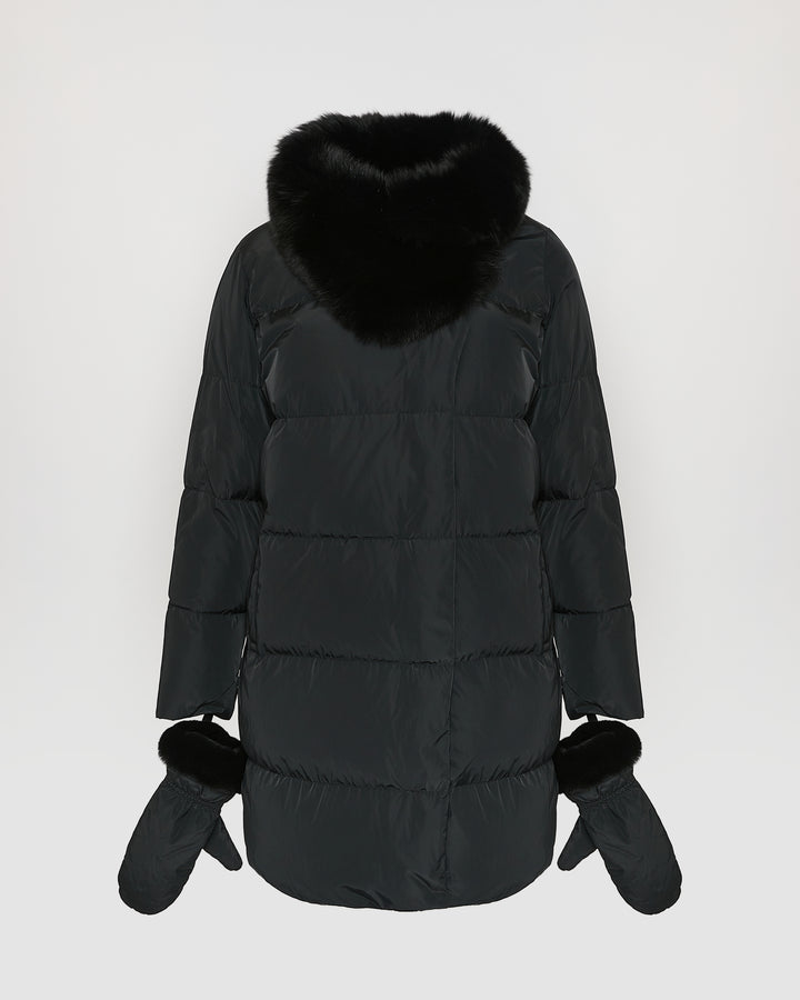 Black Friday - Yves Salomon - Long belted down jacket in technical fabric with detachable fox fur collar - black - front view