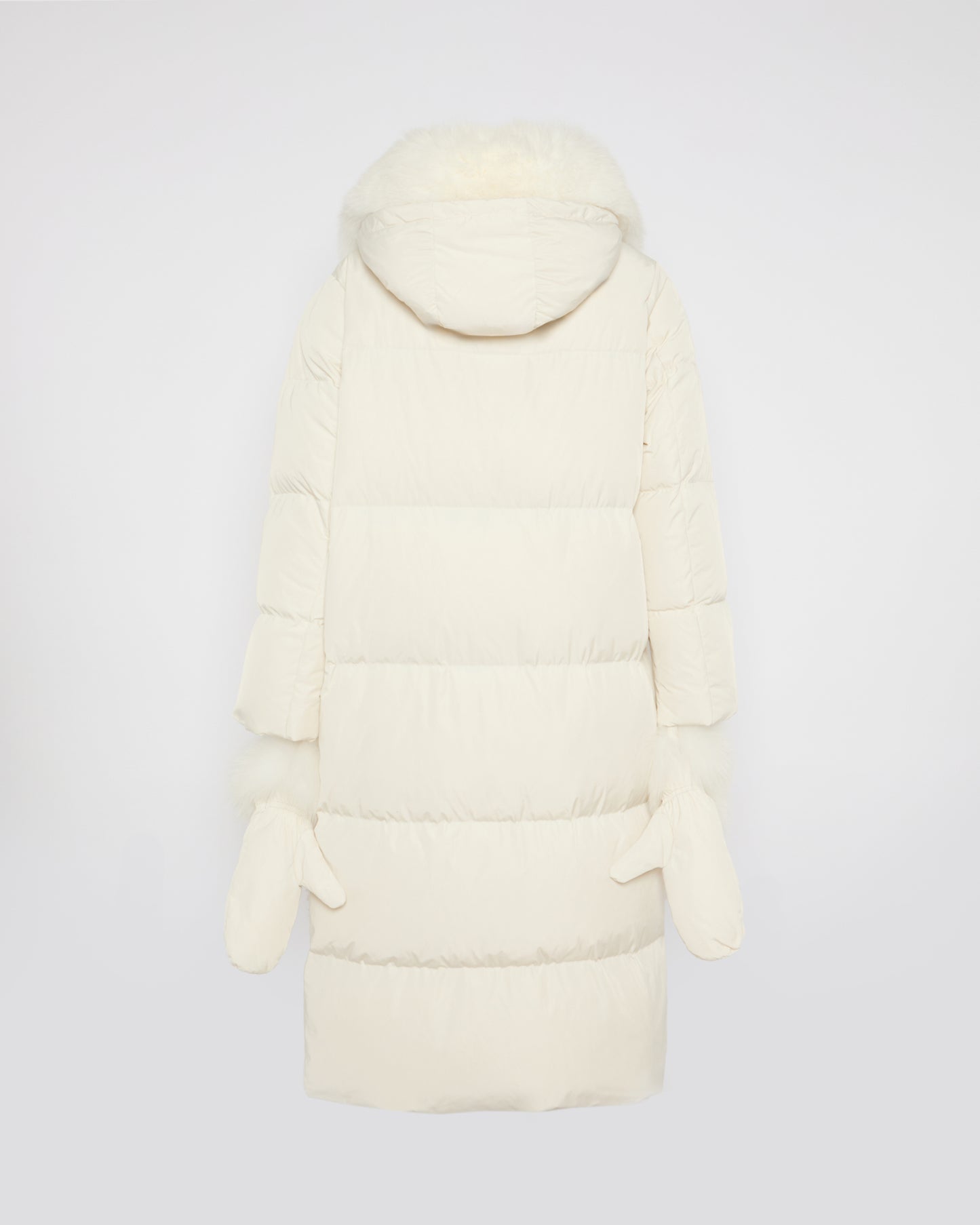 Long belted down jacket in technical fabric with detachable fox fur collar