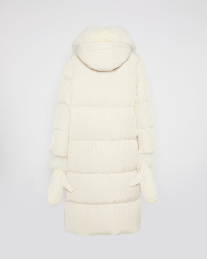 Long belted down jacket in technical fabric with detachable fox fur collar