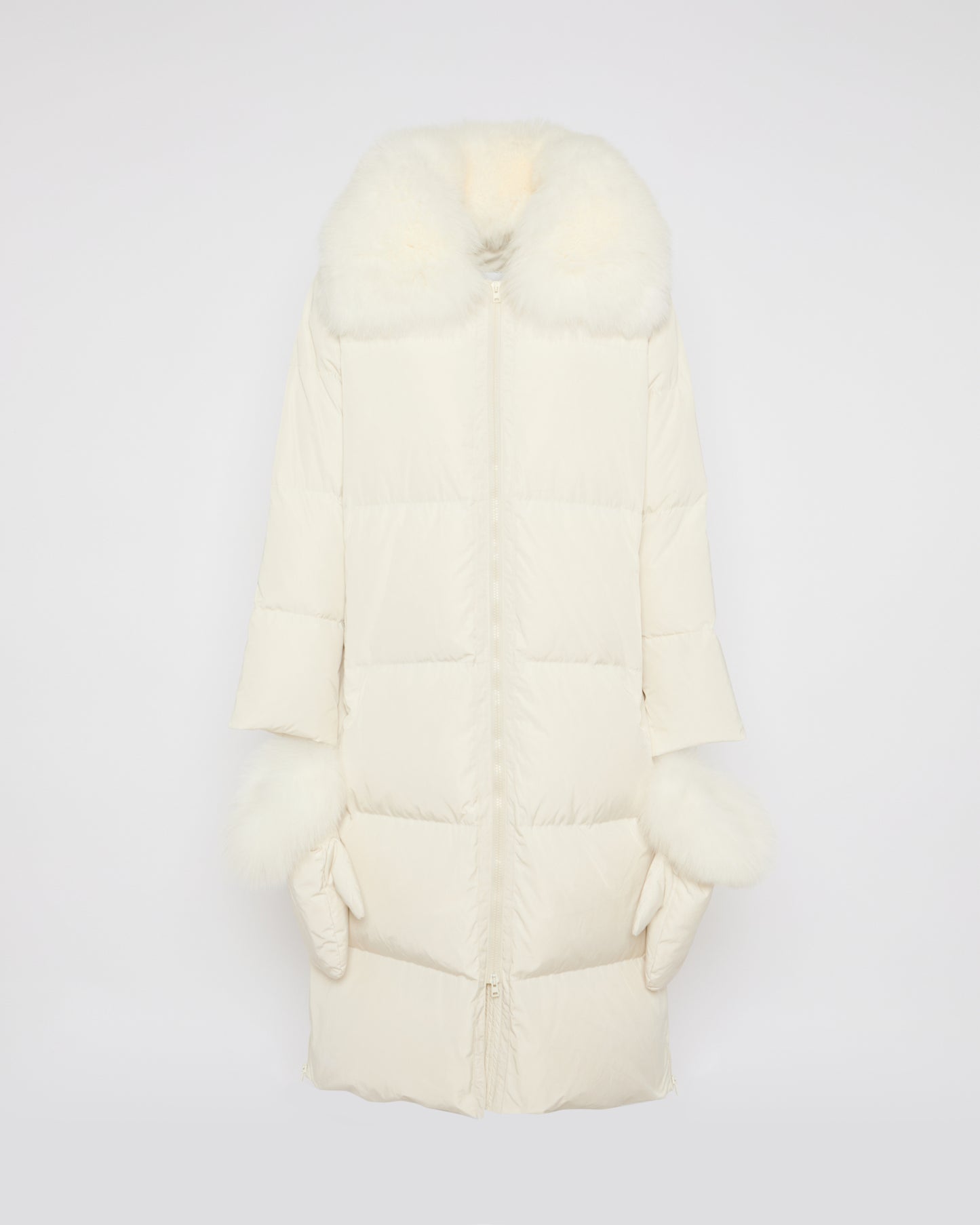 Long belted down jacket in technical fabric with detachable fox fur collar