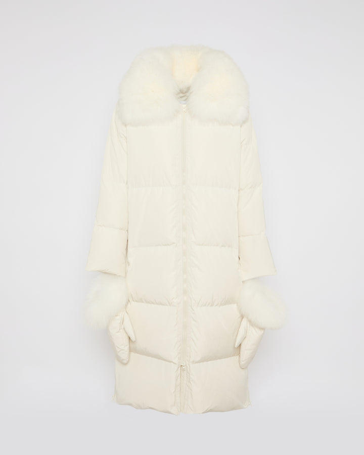 Long belted down jacket in technical fabric with detachable fox fur collar