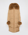 Long belted down jacket in technical fabric with detachable fox fur collar