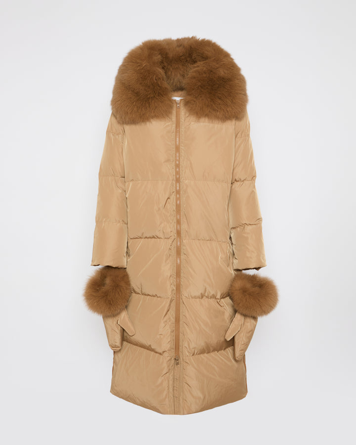 Long belted down jacket in technical fabric with detachable fox fur collar