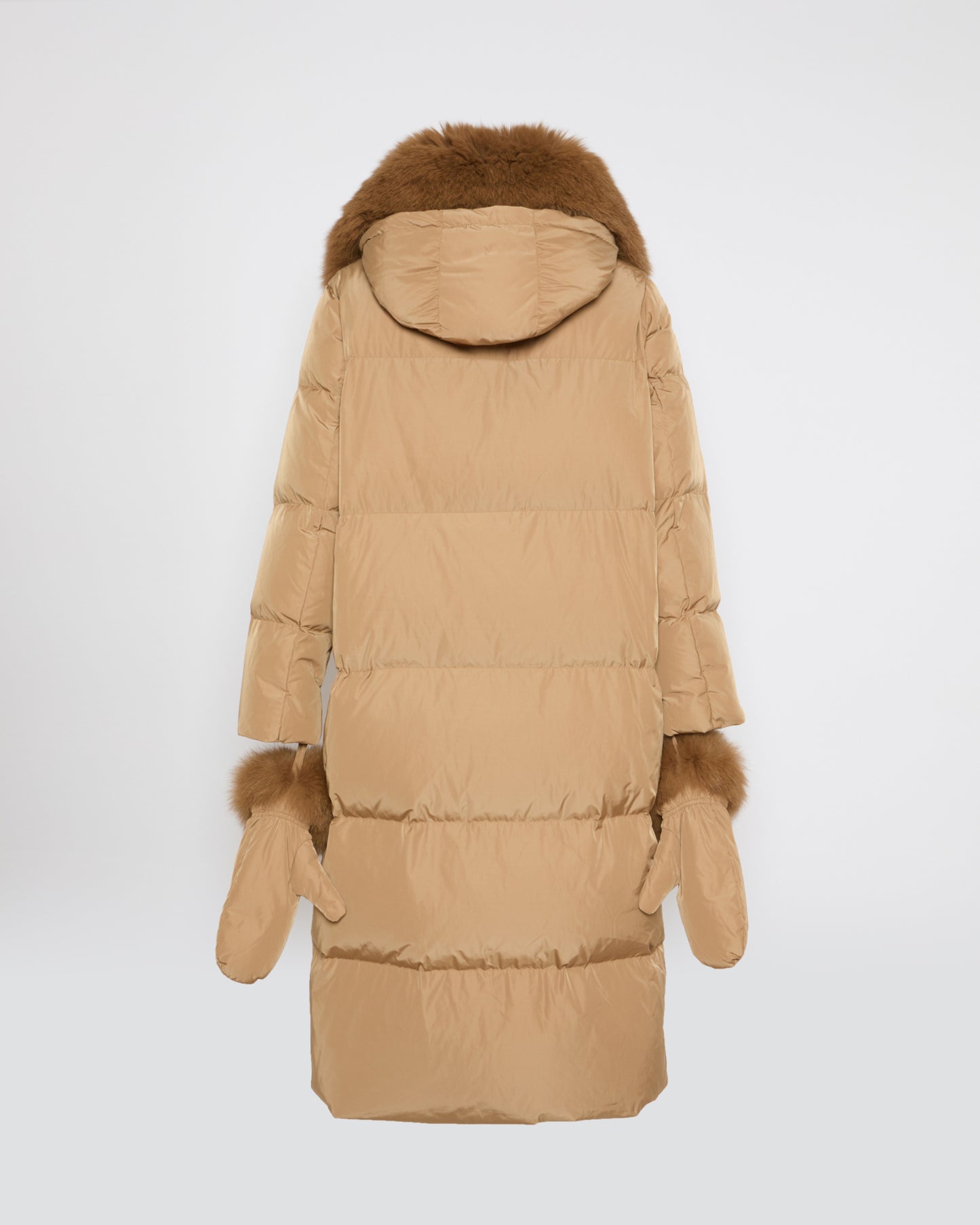 Long belted down jacket in technical fabric with detachable fox fur collar