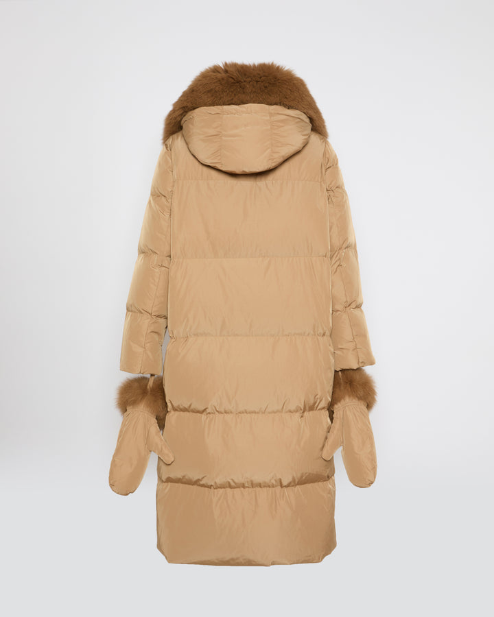 Long belted down jacket in technical fabric with detachable fox fur collar