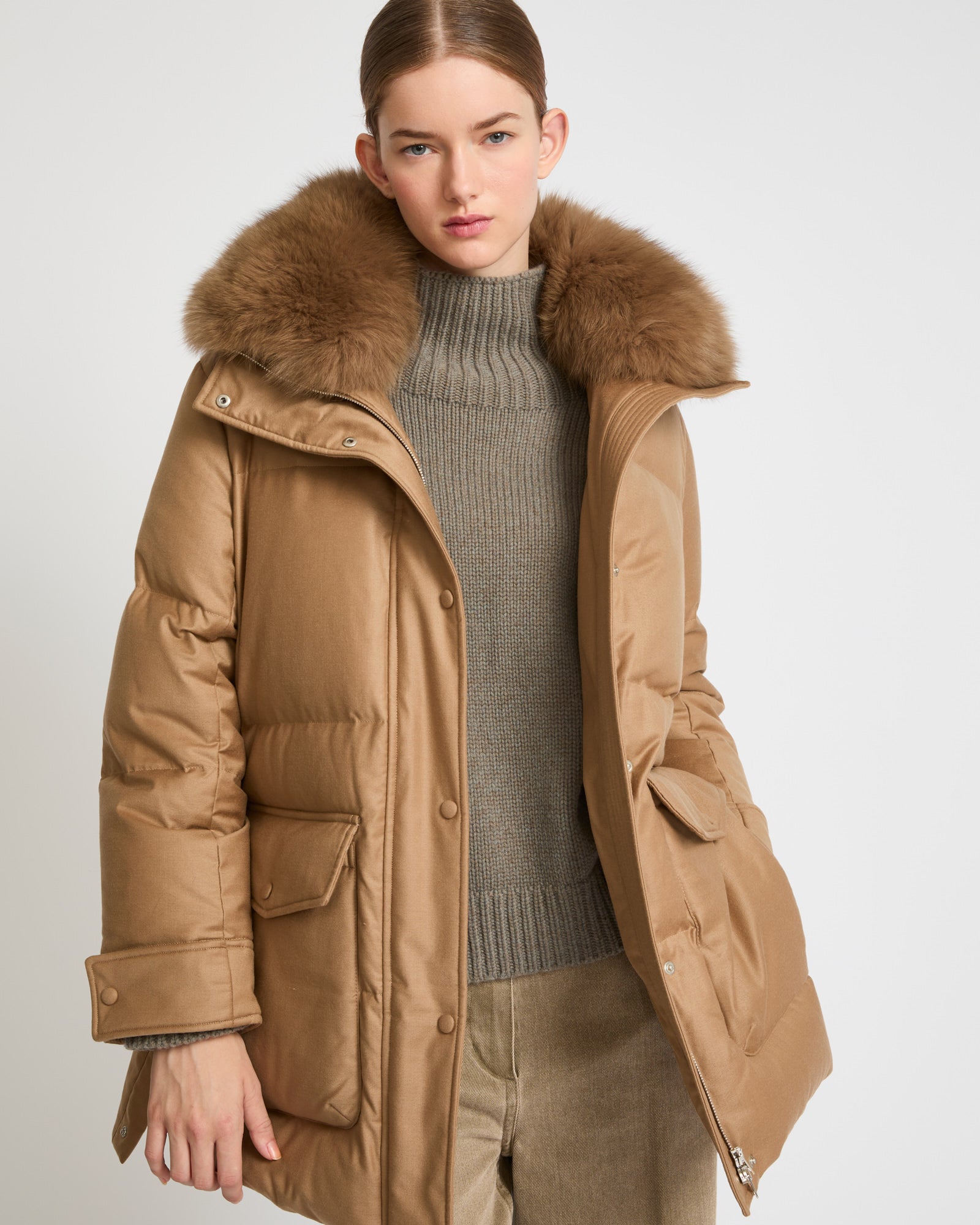 Mid length down jacket in Loro Piana flannel fabric with detachable fox fur collar camel Yves Salomon Yves Salomon UK