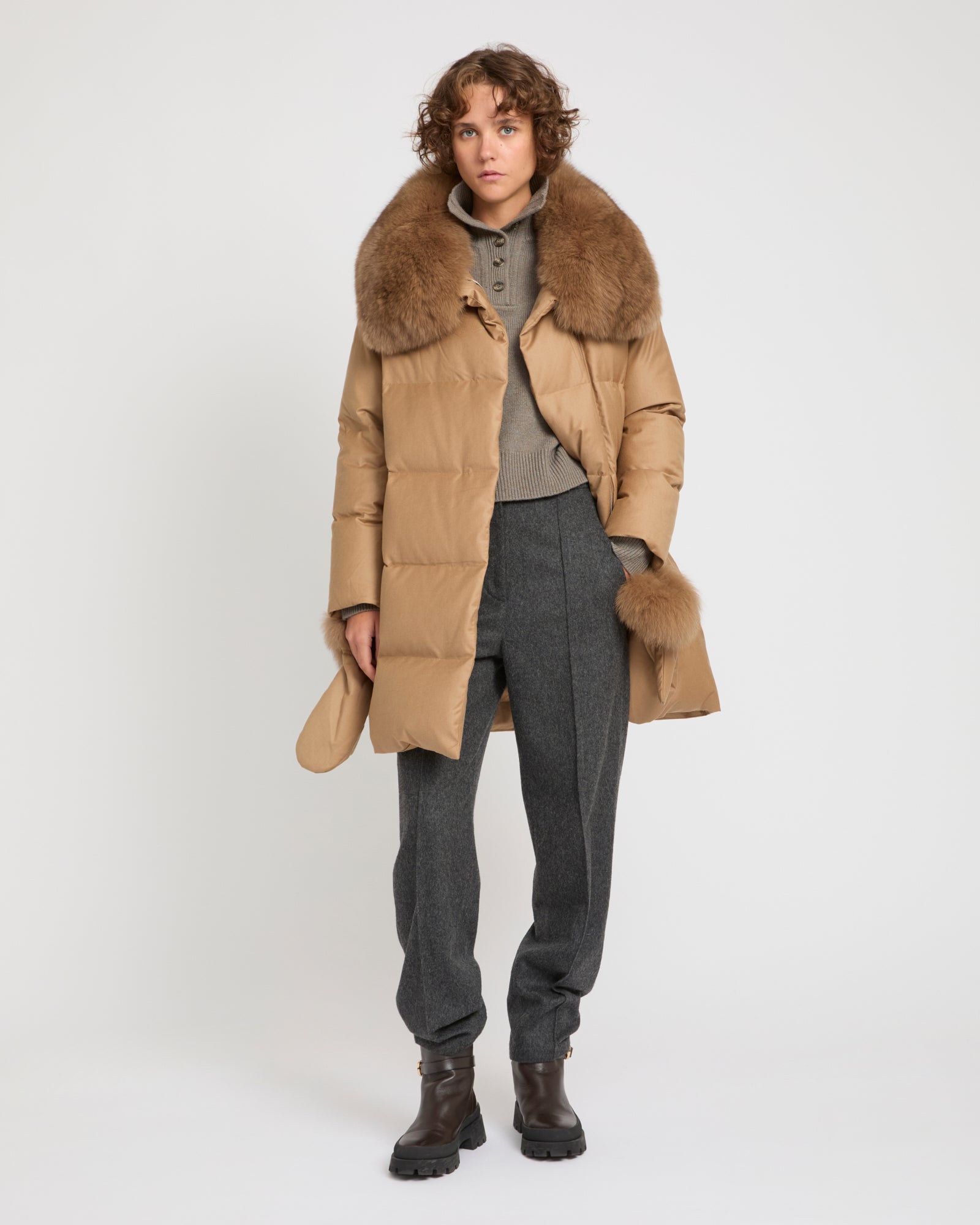 Long Down Jacket made with Loro Piana flannel with fox fur collar -Yves Salomon