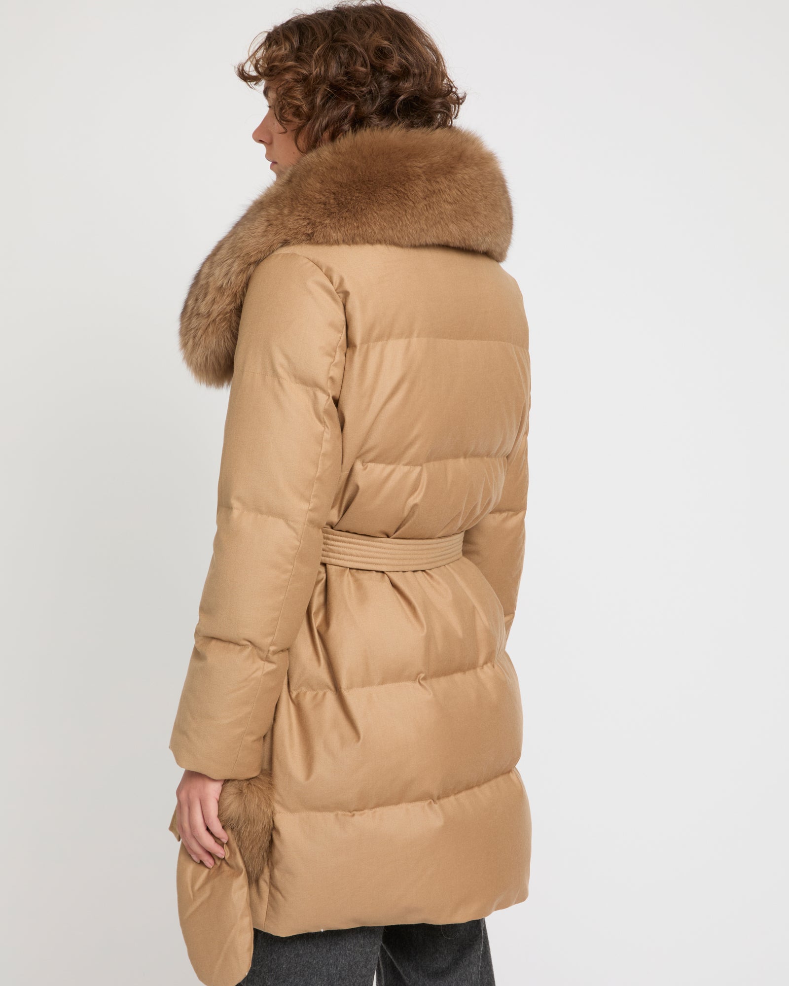 Long Down Jacket made with Loro Piana flannel with fox fur collar -Yves Salomon