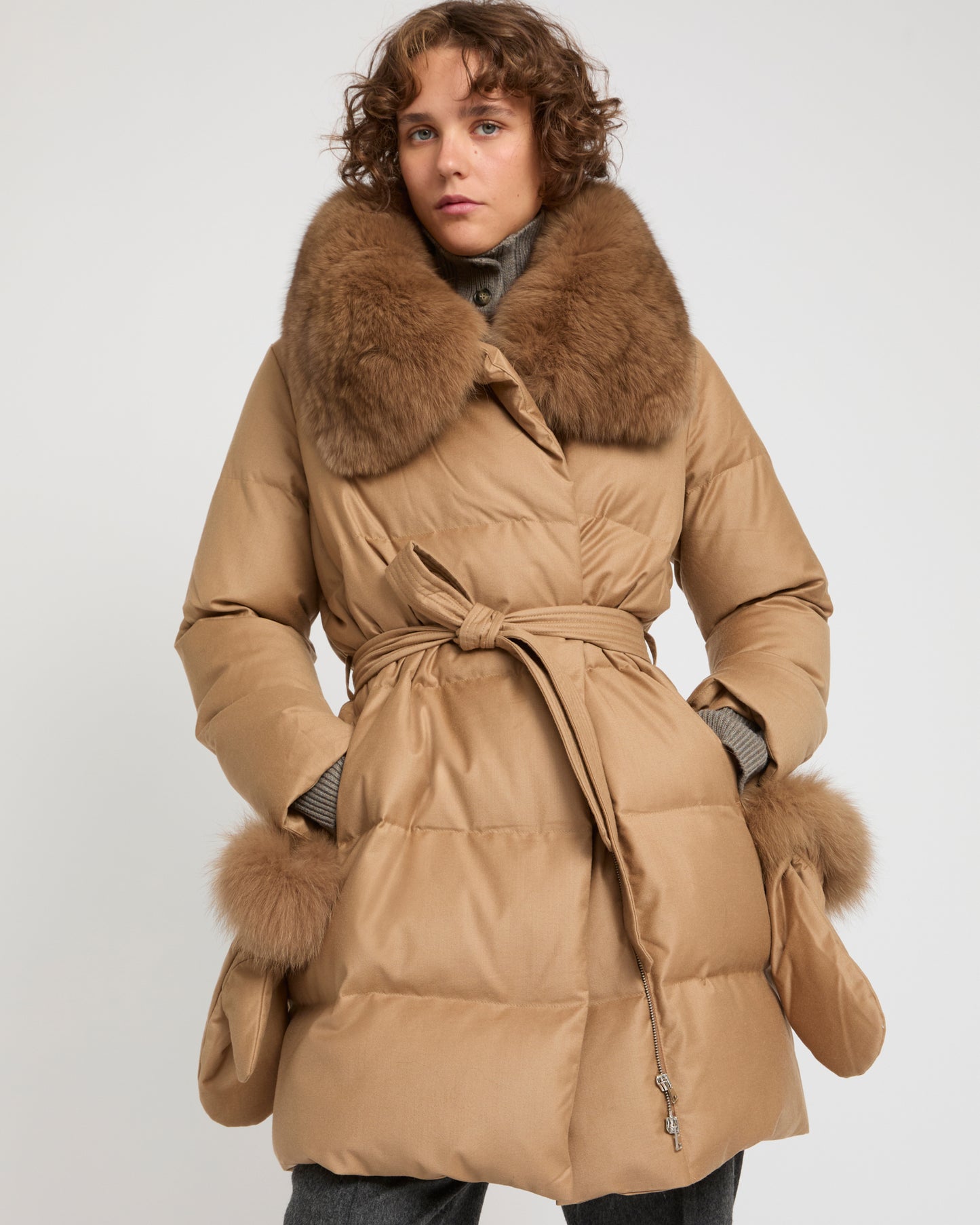 Long Down Jacket made with Loro Piana flannel with fox fur collar -Yves Salomon