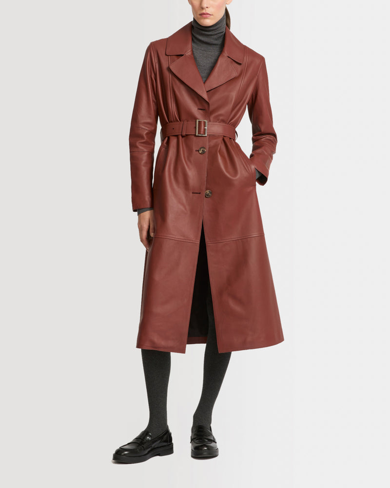 Long silhouette trench coat in lambskin leather