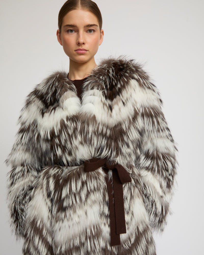 Belted coat in merino knit and fox fur -Yves Salomon