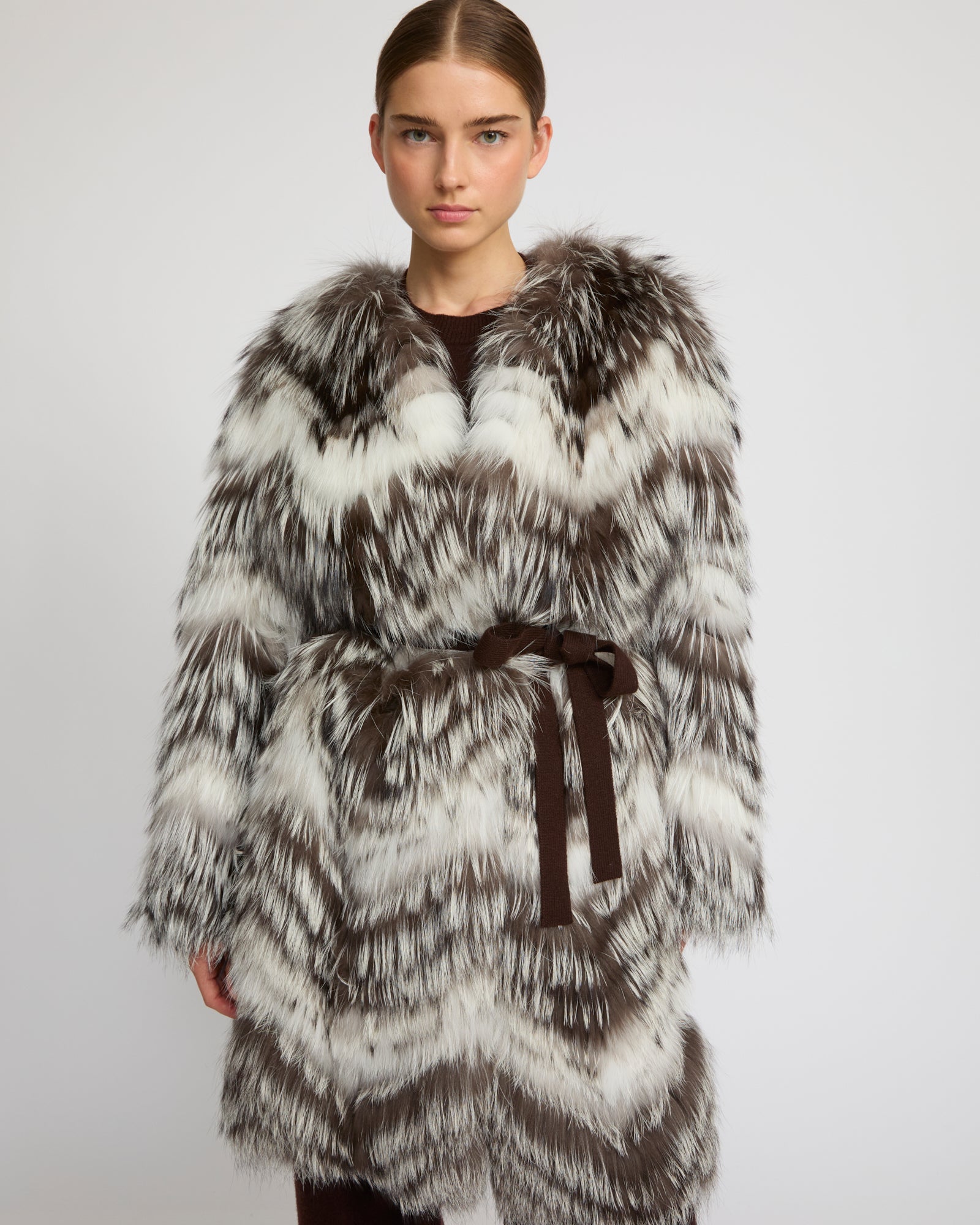 Belted coat in merino knit and fox fur -Yves Salomon
