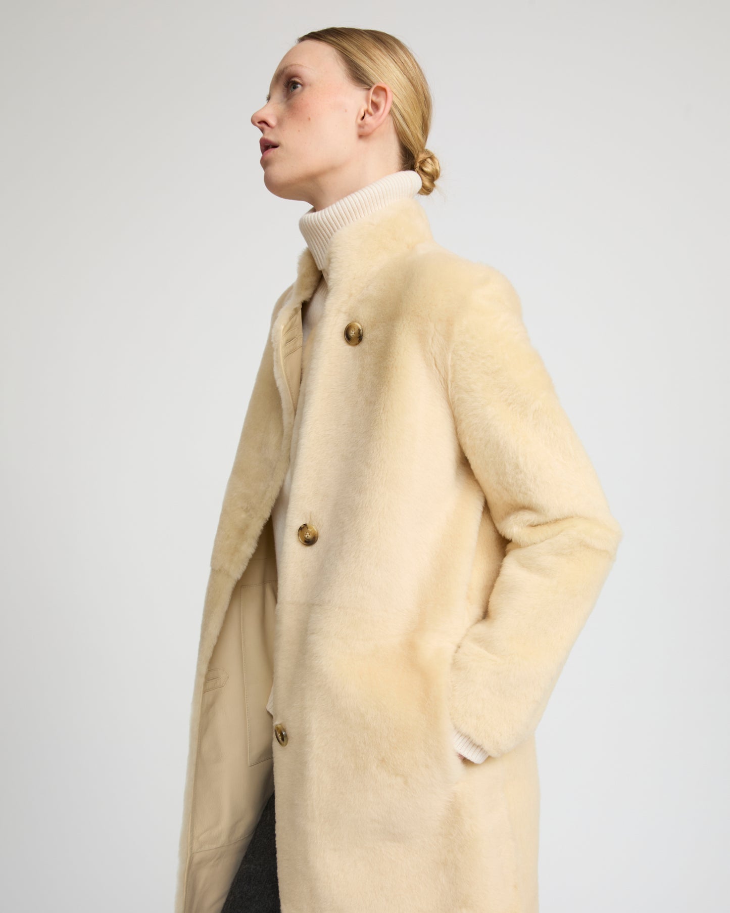 Straight belted shearling coat