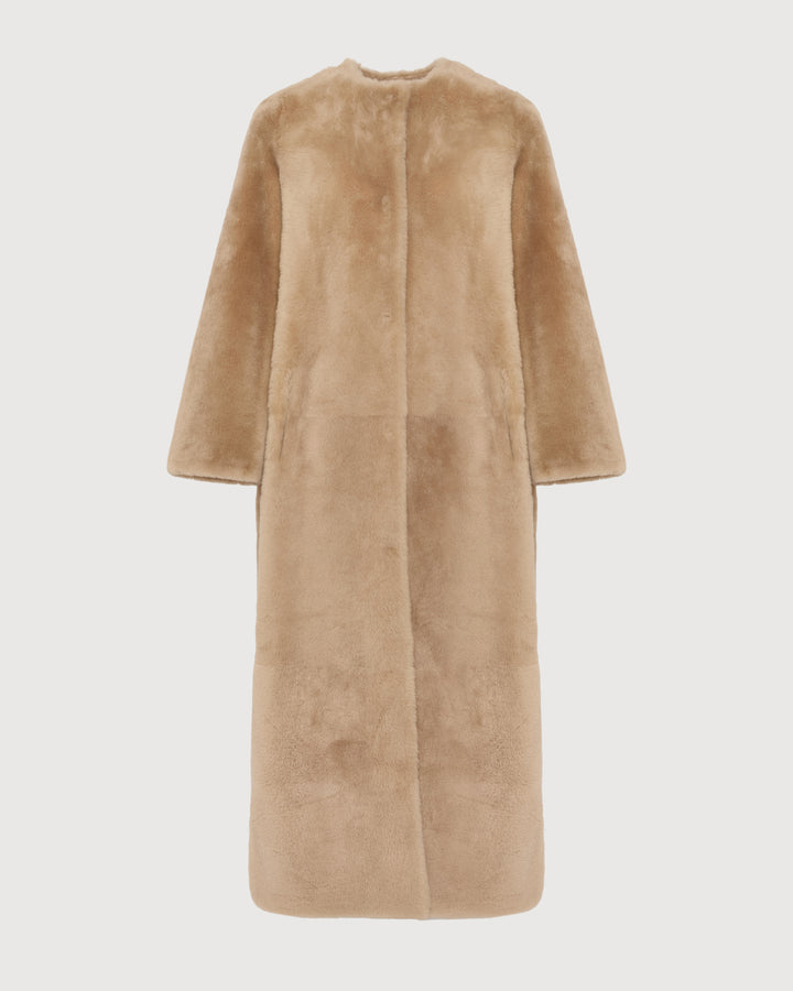 Extra long draped lambskin shearling coat