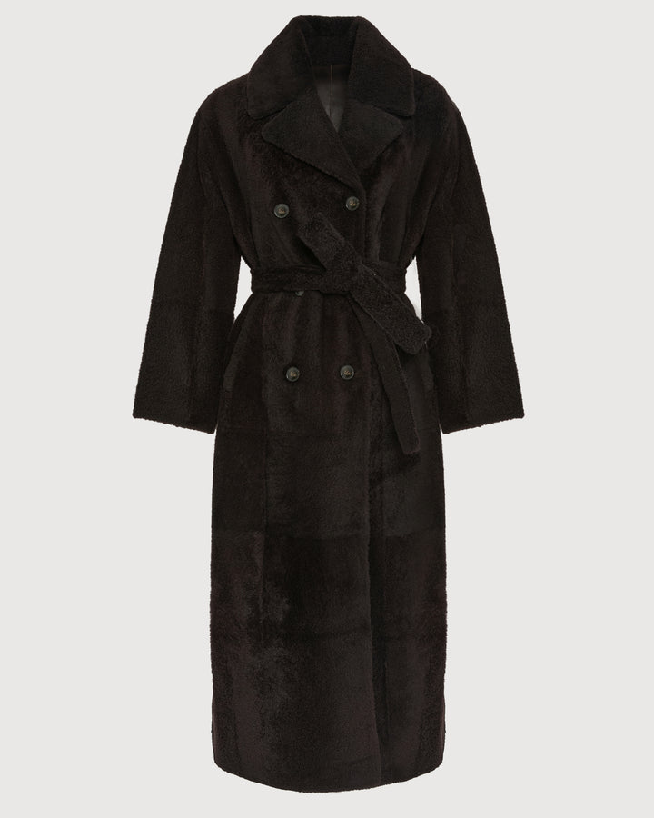 Double-breasted astrakan-style lambskin shearling long coat