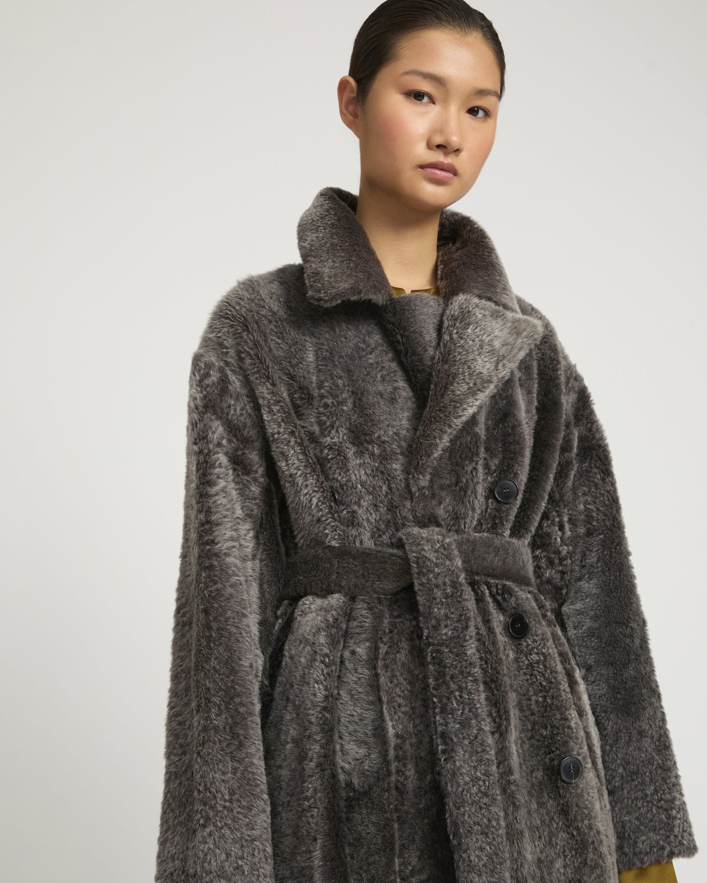 Double-breasted astrakan-style lambskin shearling coat -Yves Salomon