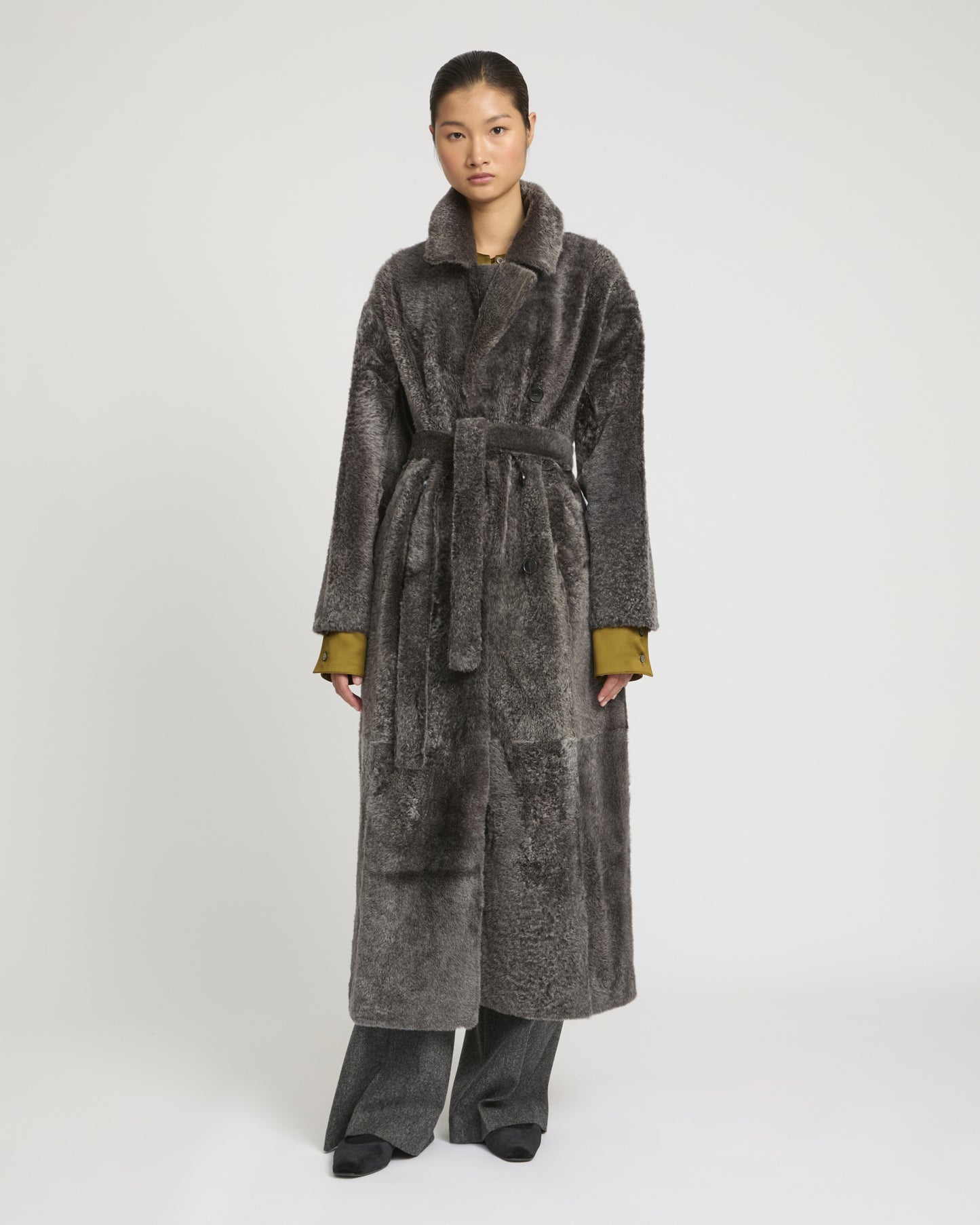 Double-breasted astrakan-style lambskin shearling coat -Yves Salomon