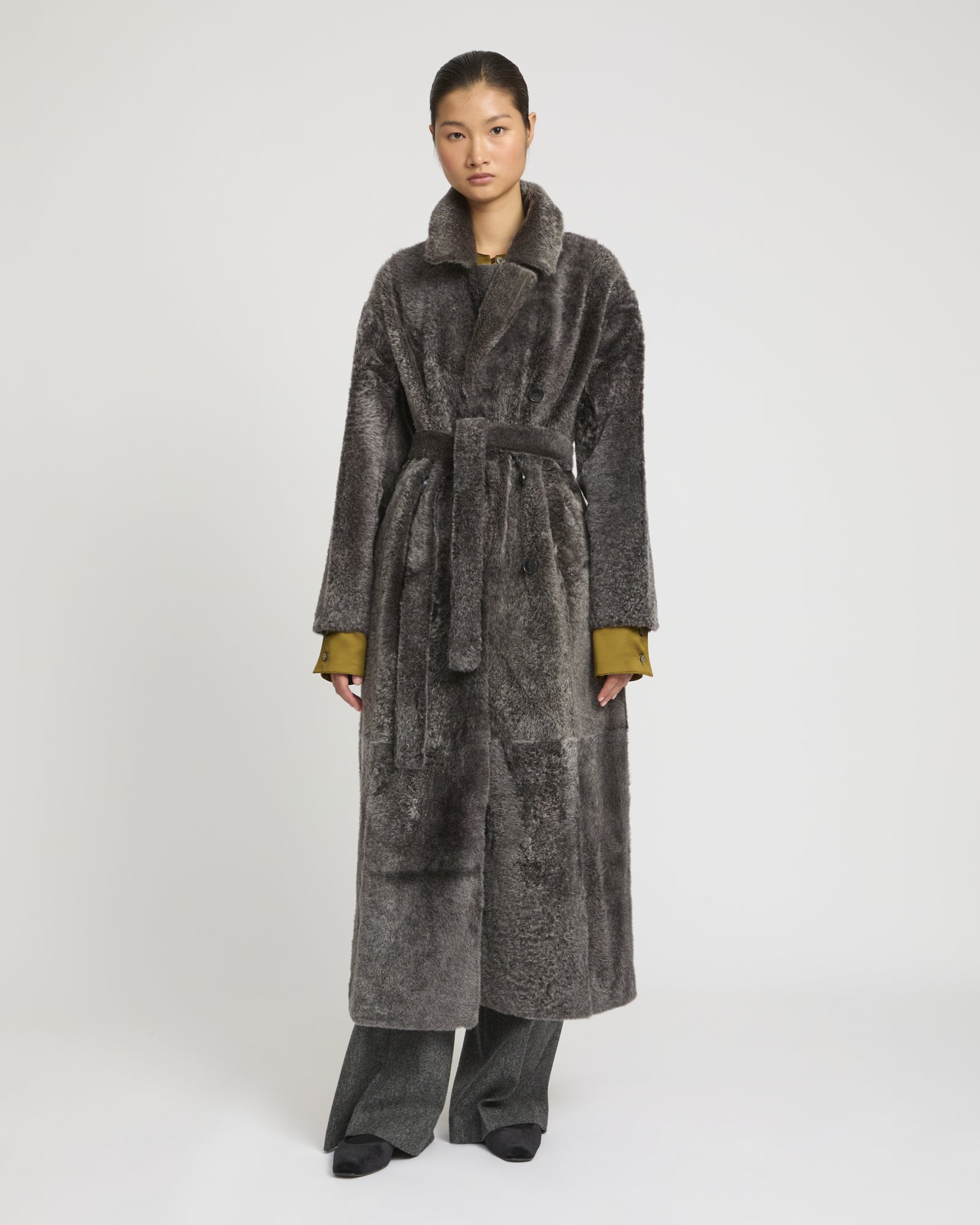 Double-breasted astrakan-style lambskin shearling coat -Yves Salomon