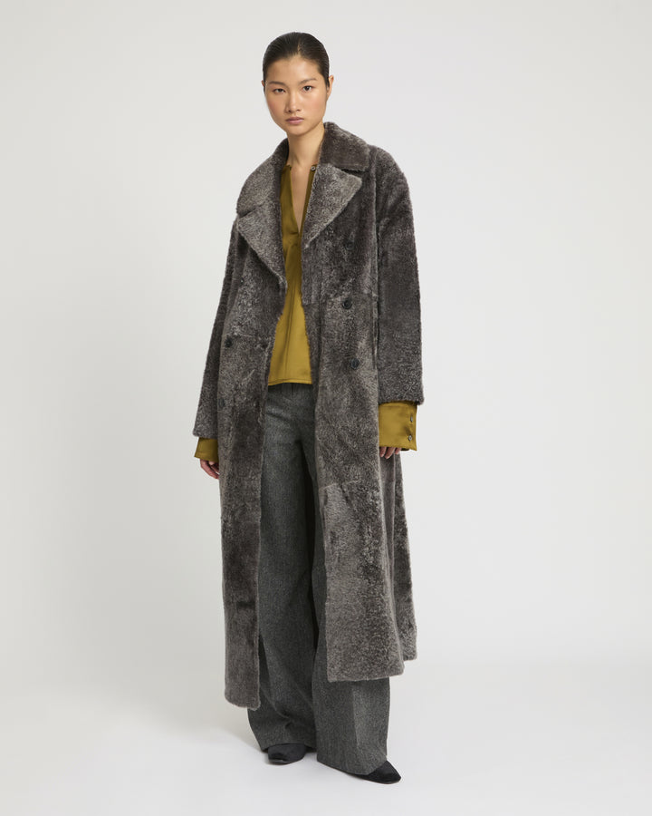 Double-breasted astrakan-style lambskin shearling coat -Yves Salomon