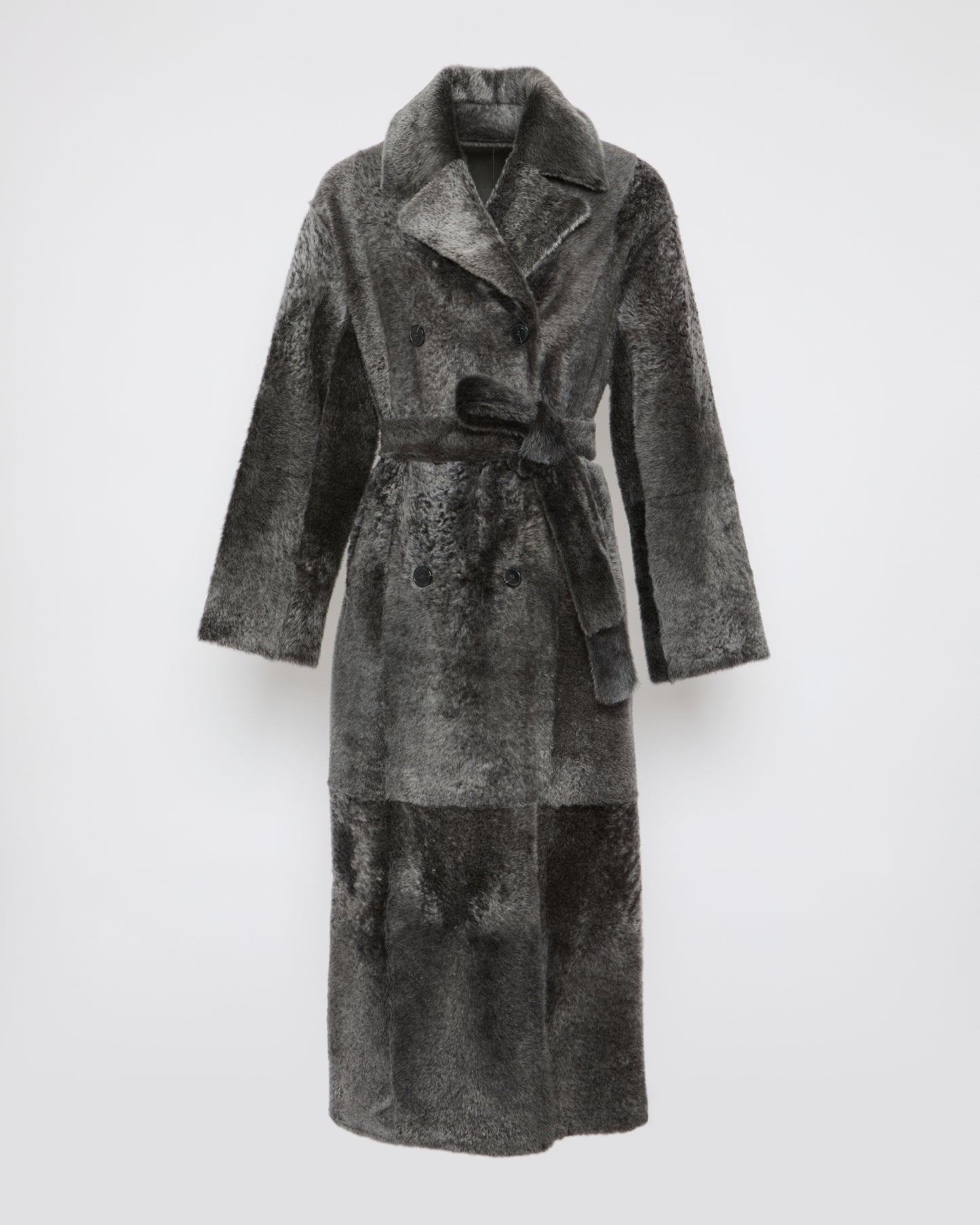 Double-breasted astrakan-style lambskin shearling long coat