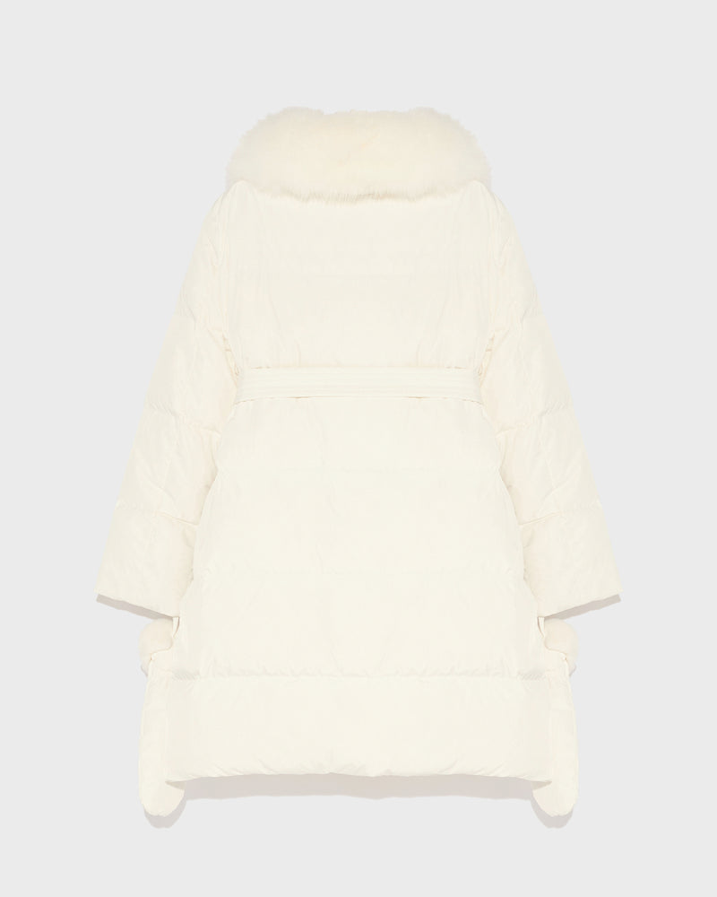 Long belted down jacket in technical fabric with fur collar