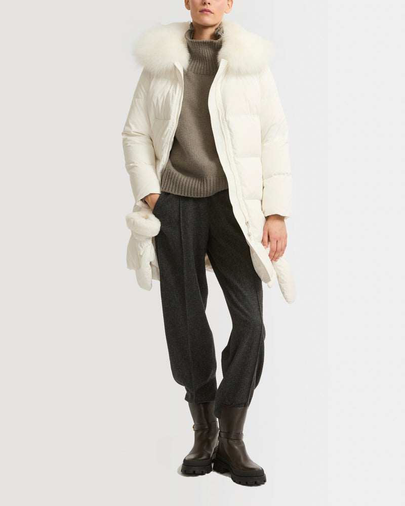 Long belted down jacket in technical fabric with fur collar