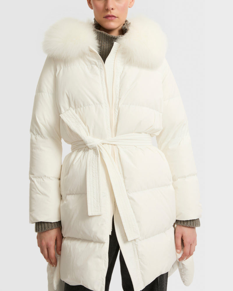 Long belted down jacket in technical fabric with fur collar