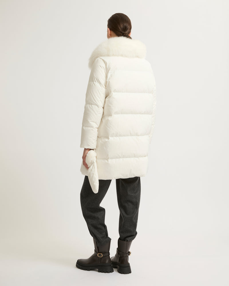 Long belted down jacket in technical fabric with fur collar
