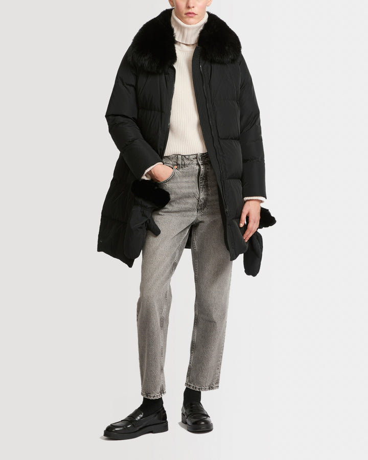 Long belted down jacket in technical fabric with fur collar