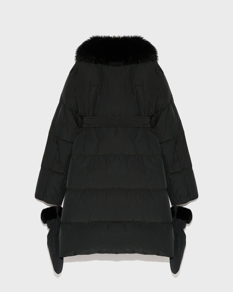 Long belted down jacket in technical fabric with fur collar