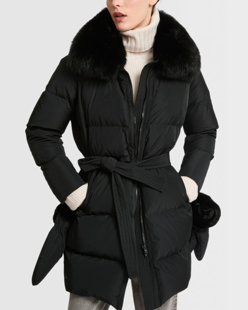 Long belted down jacket in technical fabric with fur collar