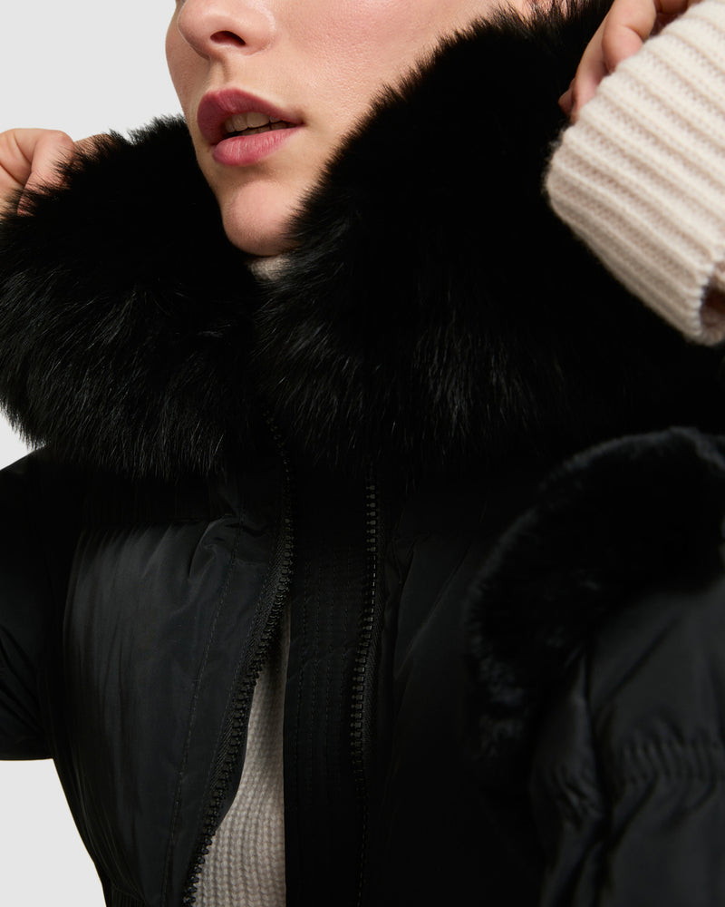 Long belted down jacket in technical fabric with fur collar